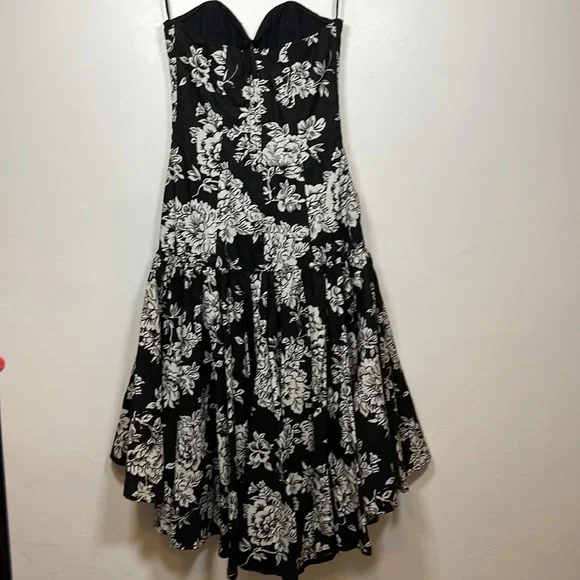 VINTAGE strapless dress/gown black and white floral print size 10 - Picture 4 of 6